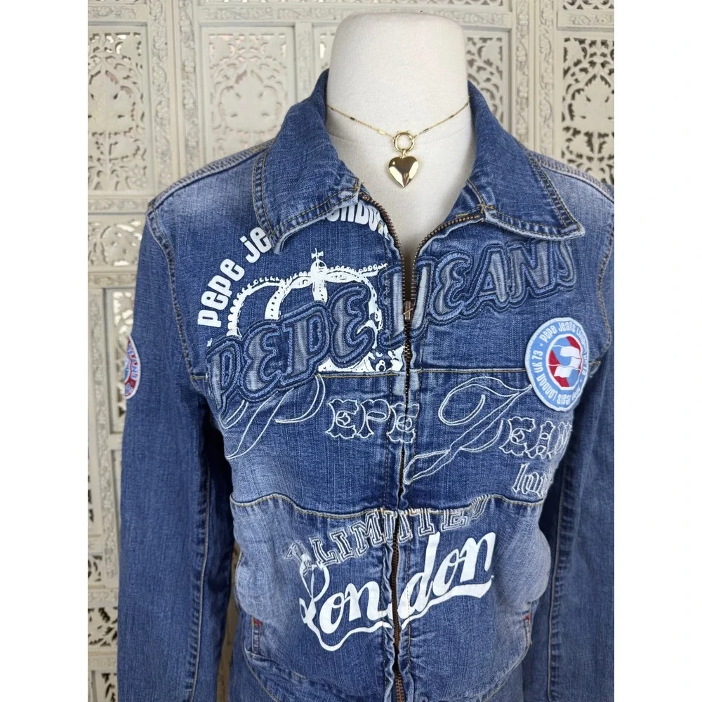 Pepe‎ Jeans London Zip Denim Jacket Sz L Fits S/M Y2K Grunge Graphic Graffiti